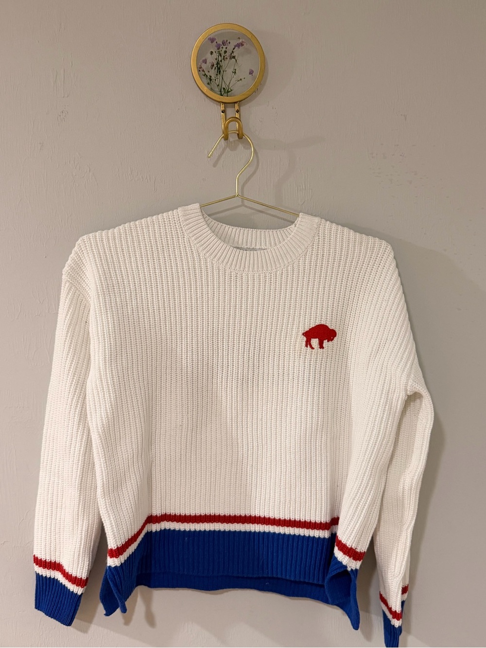White Ribbed Sweater with Blue & Red Trim Buffalo Bills